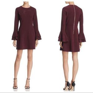 PARKER Orlando Laser Cut Bell Ruffle long Sleeve Dress Raisin Sheath Red 0 New